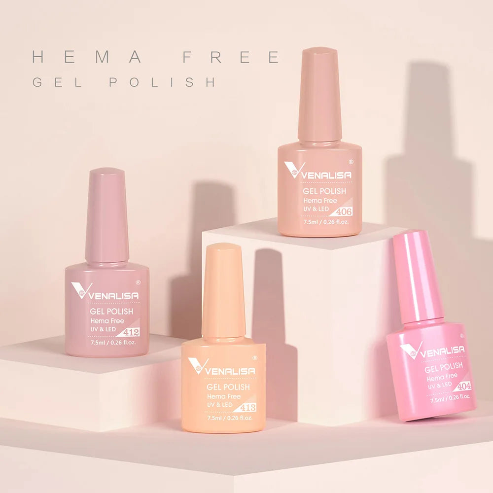 Esmalte de uñas en gel VENALISA VIP4 (7,5 ml): fórmula sin HEMA, acabado semipermanente, textura superior y larga duración; incluye capa superior (top coat) templada.