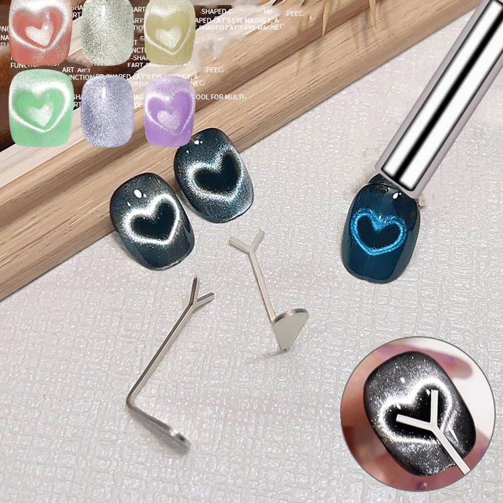 Juego de 2 o 3 imanes para uñas con efecto ojo de gato y forma de corazón (incluye varita magnética en forma de Y y cilíndrica) para crear diseños de manicura estilo francés y corazones con efecto ojo de gato.
