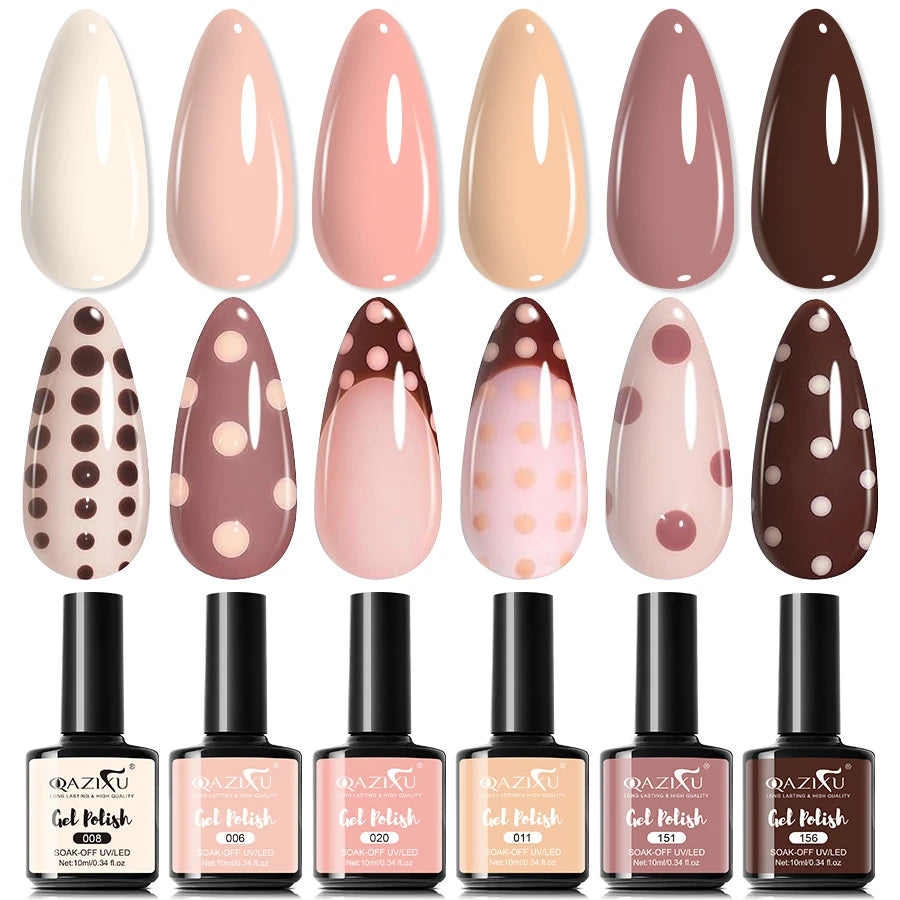 Set de 6 esmaltes de uñas en gel (tonos populares tipo "té con leche"), compatibles con lámpara UV/LED; ideales para nail art, fáciles de aplicar y de retirar (soak-off), aptos para manicura casera o uso en salón.