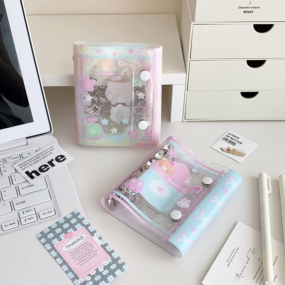 Cuaderno de hojas sueltas M5 con diseño de osito estilo dibujos animados; cuaderno transparente estilo kawaii para estudiantes, artículos de papelería, diario para chicas y libreta de tareas.