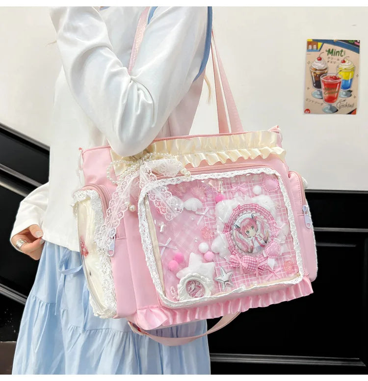 Bolso estilo japonés Y2K tipo "Ita Bag" Lolita: bolso de hombro transparente de gran capacidad, convertible en bandolera casual.