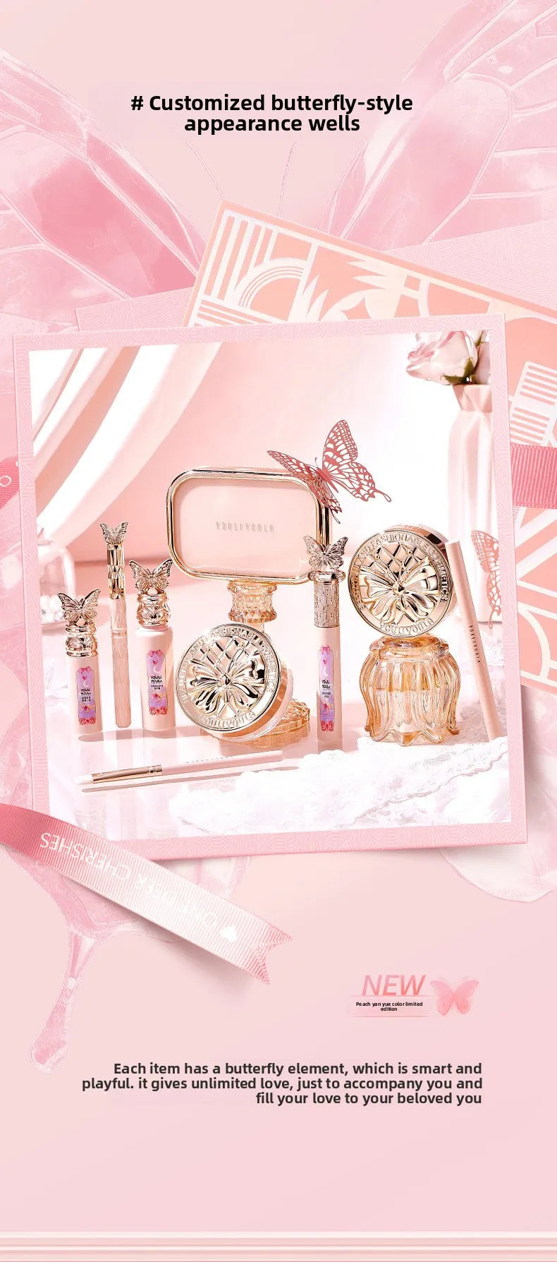 Set de maquillaje completo: labial, sombra de ojos, lápiz de cejas, BB cream tipo *cushion* y máscara de pestañas (9 piezas en caja de regalo).