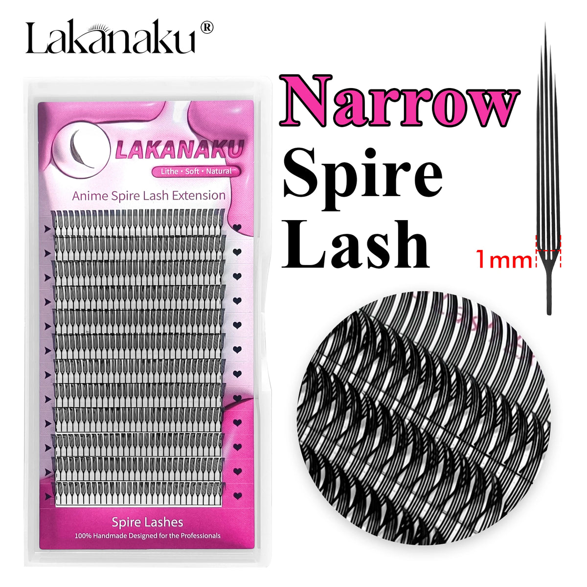Pestañas LAKANAKU cortadas con láser, modelo "Narrow Spire" (puntas estrechas), fabricadas con fibras tecnológicas; estilo anime con efecto de puntas definidas.