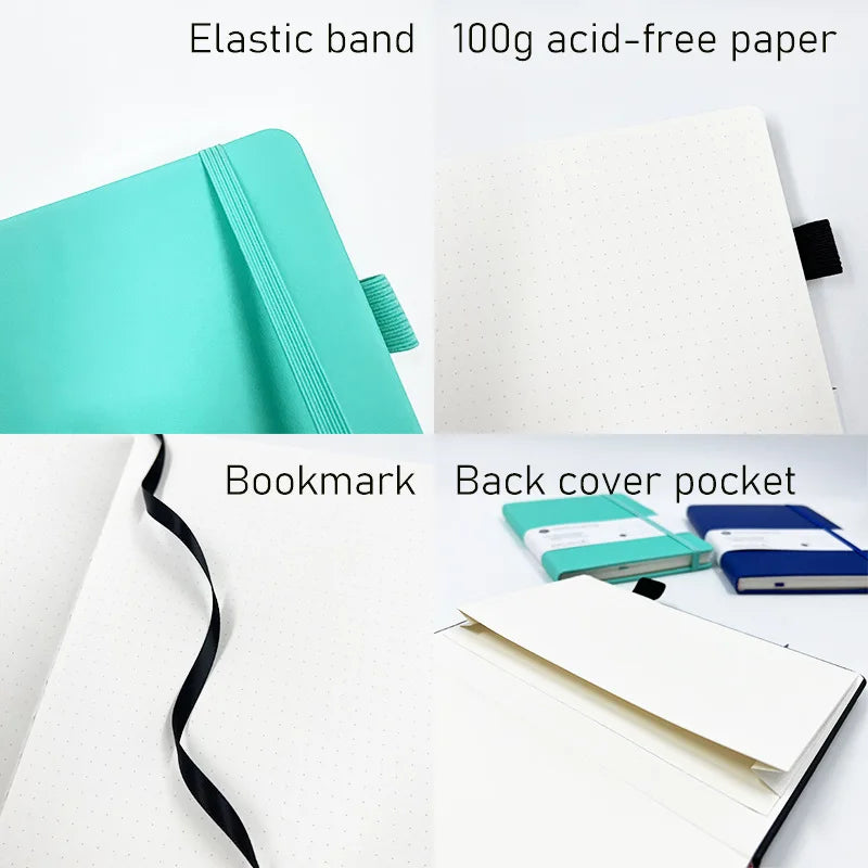 Cuaderno A5 con estampado de puntos y cierre de banda elástica; ideal para oficina, negocios o uso estudiantil; diseño elegante y atractivo.
