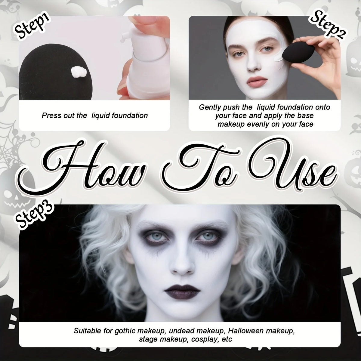 Set de maquillaje de Halloween con base líquida blanca y labial negro; apto para adultos, acabado mate y de larga duración para todo tipo de piel.