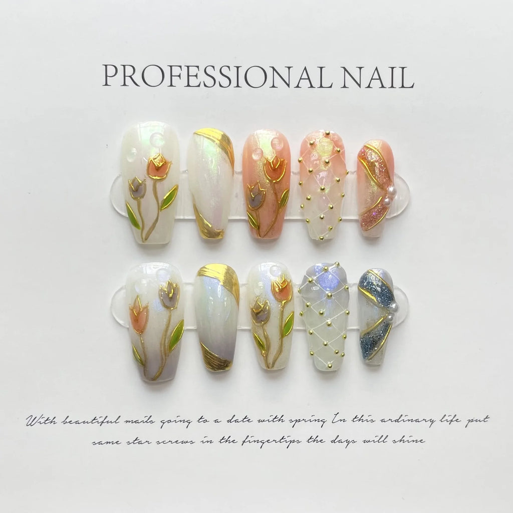 10 piezas de uñas postizas francesas hechas a mano con flores verdes 3D, uñas postizas adhesivas para usar, uñas postizas