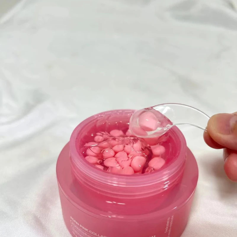 Crema coreana en cápsulas de colágeno rosa y PDRN con niacinamida para tono de piel desigual; hidratante facial ligero y no graso.