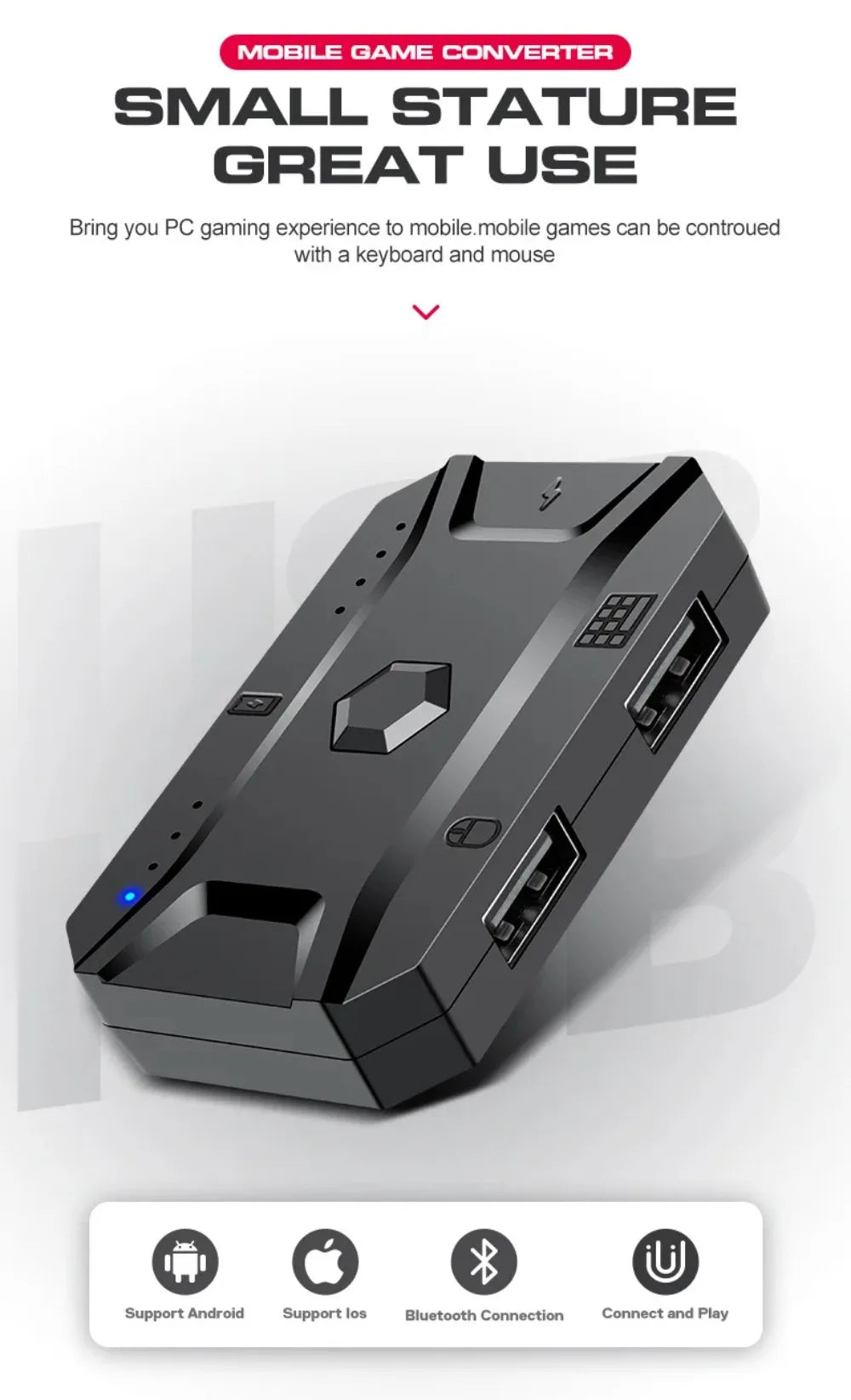 Combo 5 en 1 de teclado y ratón gaming RGB con convertidor para mando de una mano; conexión por cable y baja latencia para PUBG Mobile (Android, iOS y PC).