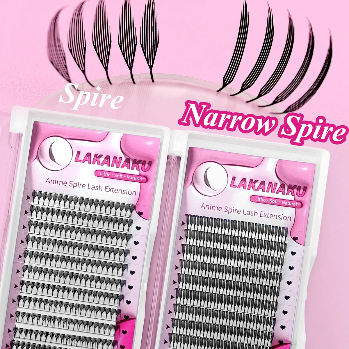 Pestañas LAKANAKU cortadas con láser, modelo "Narrow Spire" (puntas estrechas), fabricadas con fibras tecnológicas; estilo anime con efecto de puntas definidas.