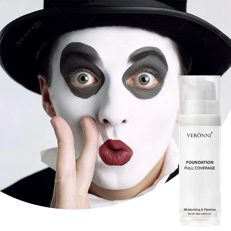 Base de maquillaje profesional blanca mate de alta cobertura; fórmula pura y luminosa ideal para cosplay y maquillaje gótico.