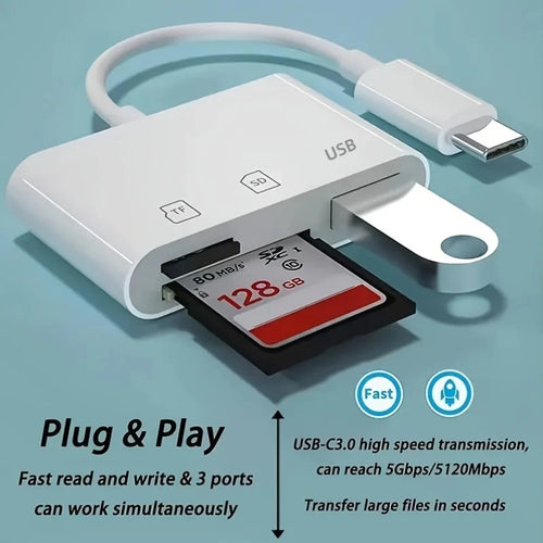 Adaptador 3 en 1 USB-C y lector de tarjetas de memoria (TF, CF, SD) / grabador para CompactFlash, compatible con MacBook Pro
