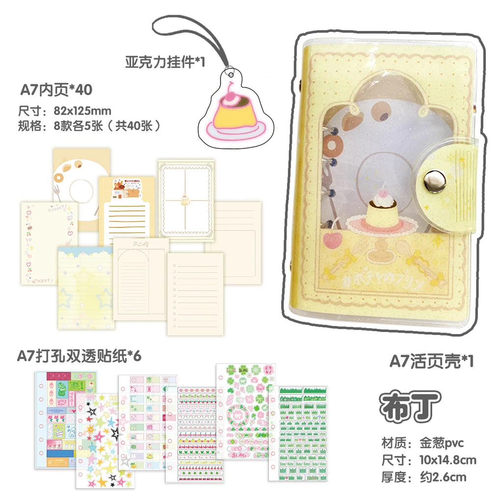 Carpeta WAKAWAKA tamaño A7 con diseño de trébol de cuatro hojas y chica; cuaderno de hojas intercambiables con cubierta de PVC brillante, incluye bolsillo para almacenamiento de pegatinas; portátil.