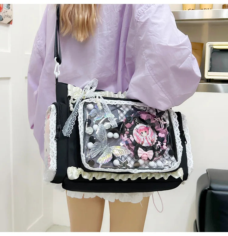 Bolso estilo japonés Y2K tipo "Ita Bag" Lolita: bolso de hombro transparente de gran capacidad, convertible en bandolera casual.