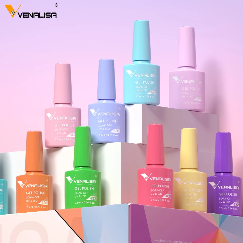 Esmalte de uñas en gel VENALISA VIP4 (7,5 ml): fórmula sin HEMA, acabado semipermanente, textura superior y larga duración; incluye capa superior (top coat) templada.
