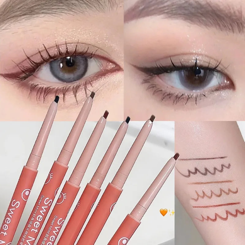 Lápiz delineador de ojos (tonos marrón rojizo y marrón negruzco), resistente al agua, de larga duración y acabado mate; barra multifunción para sombra de ojos, contorno y maquillaje de efecto "ojos sonrientes" (lying silkworm); fácil aplicación.