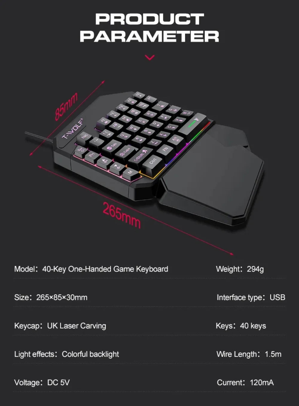 Combo 5 en 1 de teclado y ratón gaming RGB con convertidor para mando de una mano; conexión por cable y baja latencia para PUBG Mobile (Android, iOS y PC).