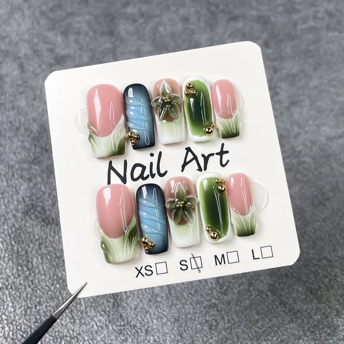 10 piezas de uñas postizas francesas hechas a mano con flores verdes 3D, uñas postizas adhesivas para usar, uñas postizas