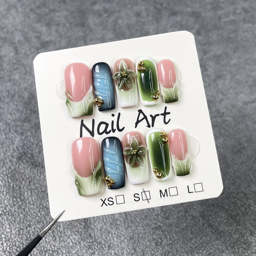 10 piezas de uñas postizas francesas hechas a mano con flores verdes 3D, uñas postizas adhesivas para usar, uñas postizas