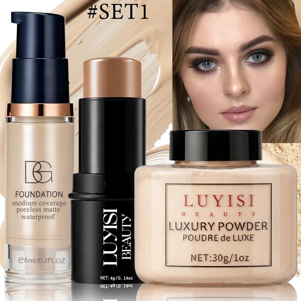 Set de maquillaje facial: 1 base mate, 1 barra de contorno y 1 polvo matificante (control de grasa); cobertura total, resistente al agua y al sudor.