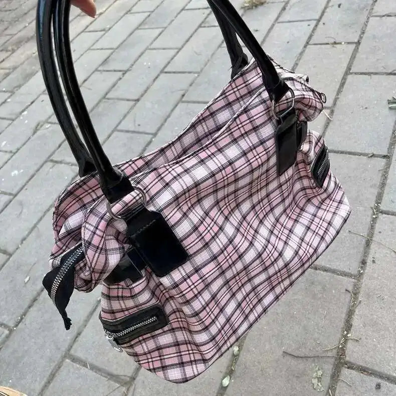 Bolso de hombro rosa a cuadros estilo Y2K; bolso de mano de gran capacidad estilo Harajuku; maletín de lona moderno y original tipo tote punk.