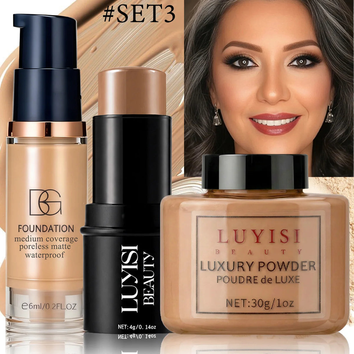 Set de maquillaje facial: 1 base mate, 1 barra de contorno y 1 polvo matificante (control de grasa); cobertura total, resistente al agua y al sudor.