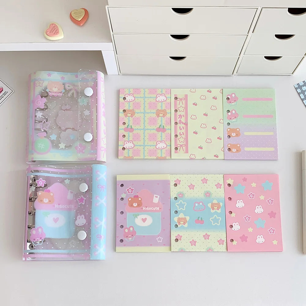 Cuaderno de hojas sueltas M5 con diseño de osito estilo dibujos animados; cuaderno transparente estilo kawaii para estudiantes, artículos de papelería, diario para chicas y libreta de tareas.