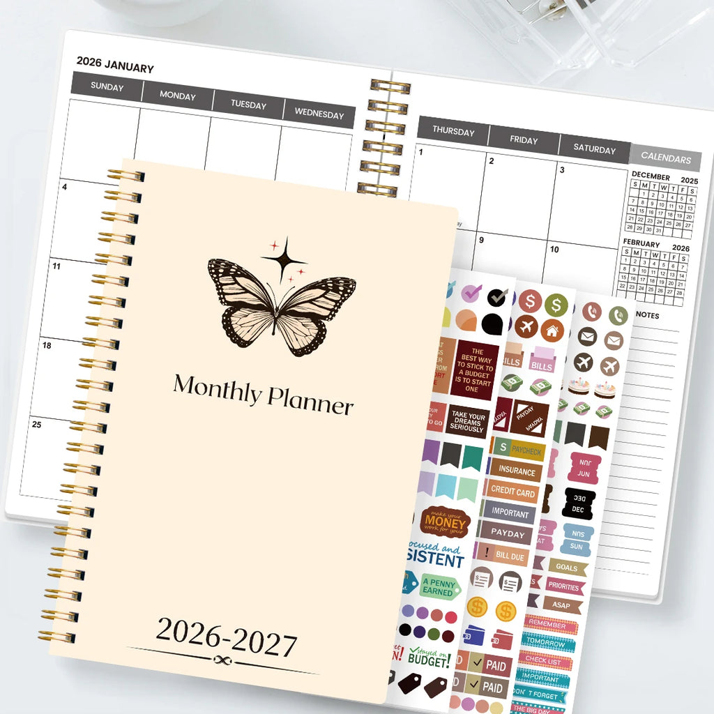 Agenda semanal y mensual A5 2026-2027 – Organizador de espiral de enero de 2026 a diciembre de 2027 con calendario y notas; material escolar y de oficina