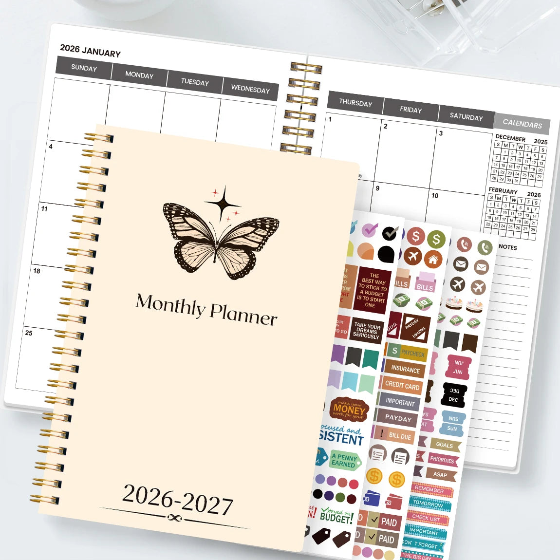 Agenda semanal y mensual A5 2026-2027 – Organizador de espiral de enero de 2026 a diciembre de 2027 con calendario y notas; material escolar y de oficina