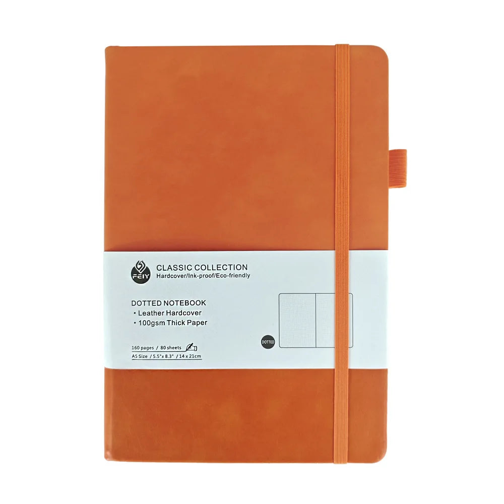 Cuaderno A5 con estampado de puntos y cierre de banda elástica; ideal para oficina, negocios o uso estudiantil; diseño elegante y atractivo.