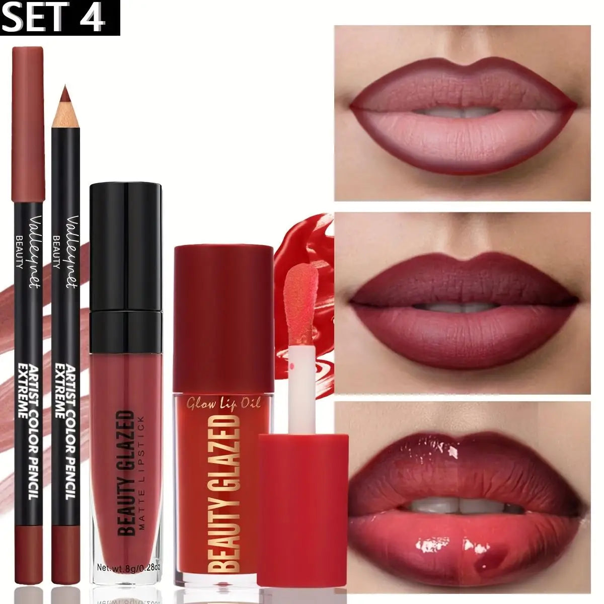 Set de maquillaje de 3 piezas: delineador de labios mate + brillo labial + aceite labial hidratante, de larga duración y fácil aplicación, resistente al agua y al sudor.