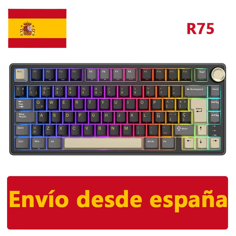 Teclado mecánico RK Royal Kludge R75 (distribución en español) con montaje tipo gasket, formato 80%, retroiluminación RGB, teclas PBT, interruptores intercambiables en caliente (hot-swappable) y rueda de control metálica.