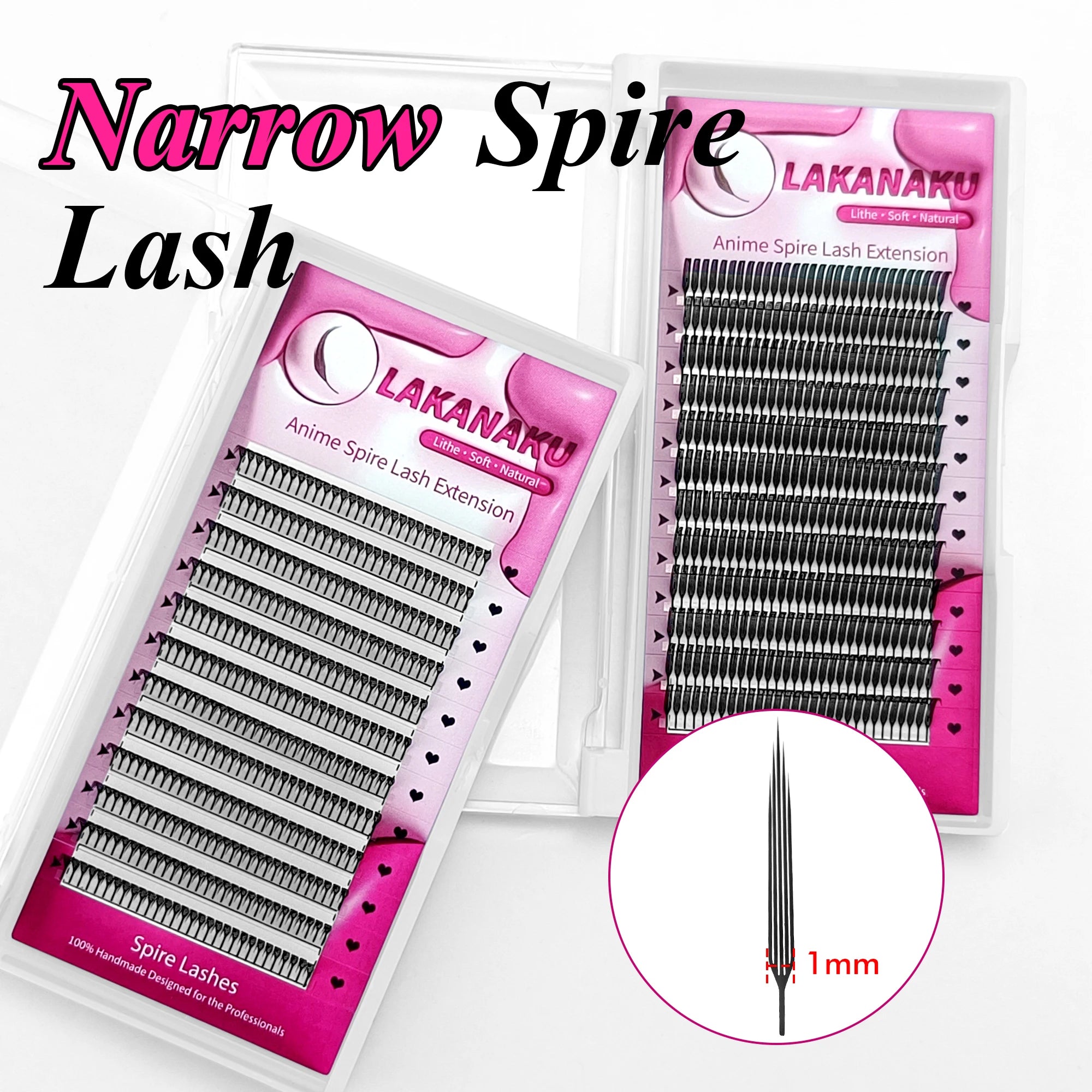 Pestañas LAKANAKU cortadas con láser, modelo "Narrow Spire" (puntas estrechas), fabricadas con fibras tecnológicas; estilo anime con efecto de puntas definidas.