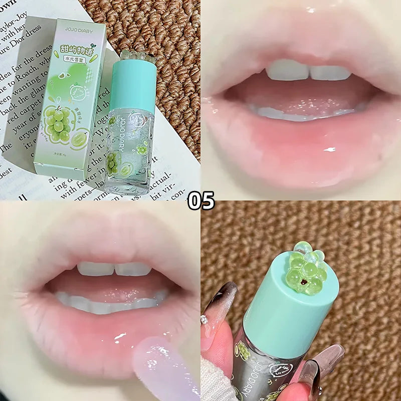 Aceite labial con sabor a frutas Jojo Diary: hidrata y humecta, previene los labios agrietados y reduce las arrugas; ideal para el cuidado de los labios en invierno; brillo labial estilo coreano con acabado acuoso.