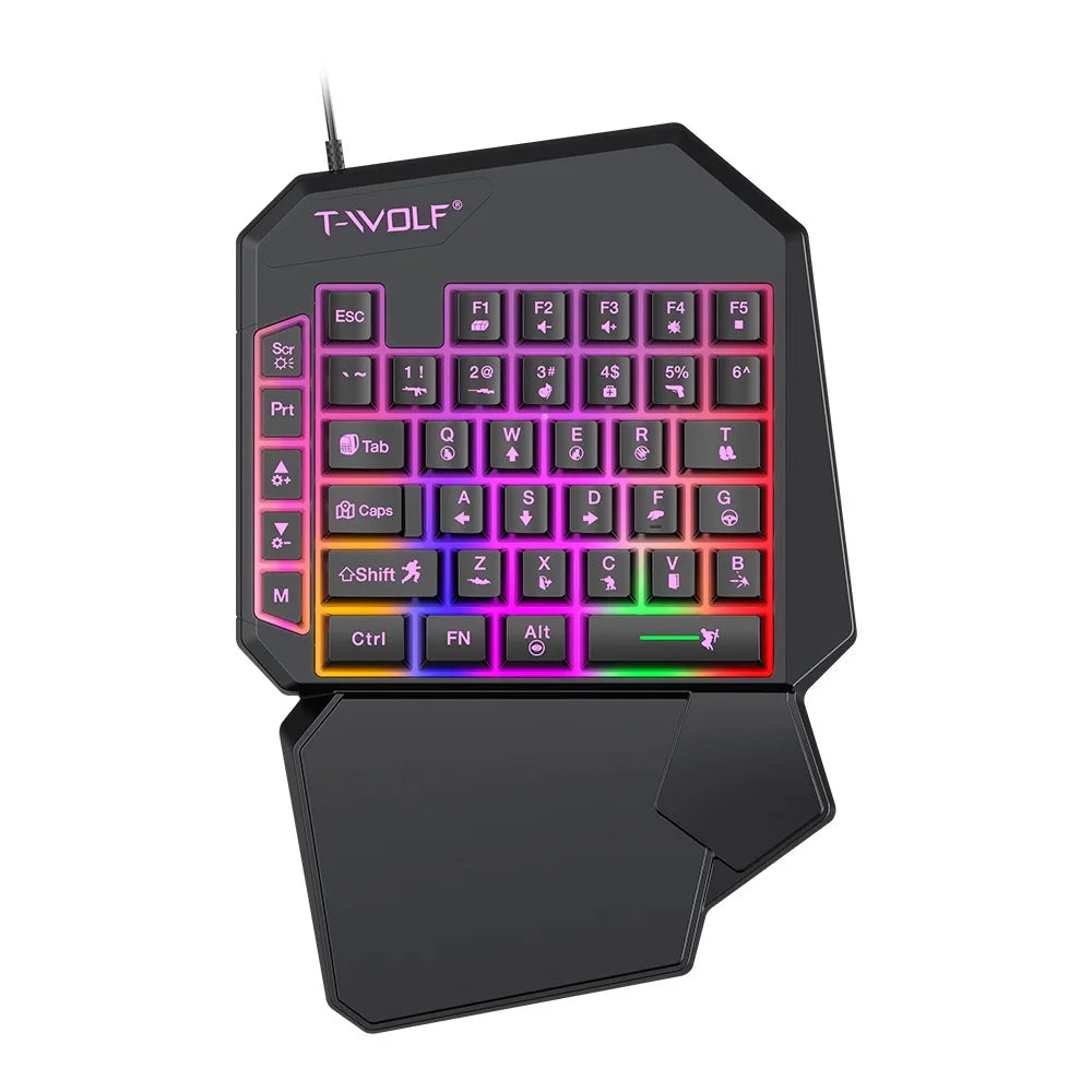 Combo 5 en 1 de teclado y ratón gaming RGB con convertidor para mando de una mano; conexión por cable y baja latencia para PUBG Mobile (Android, iOS y PC).