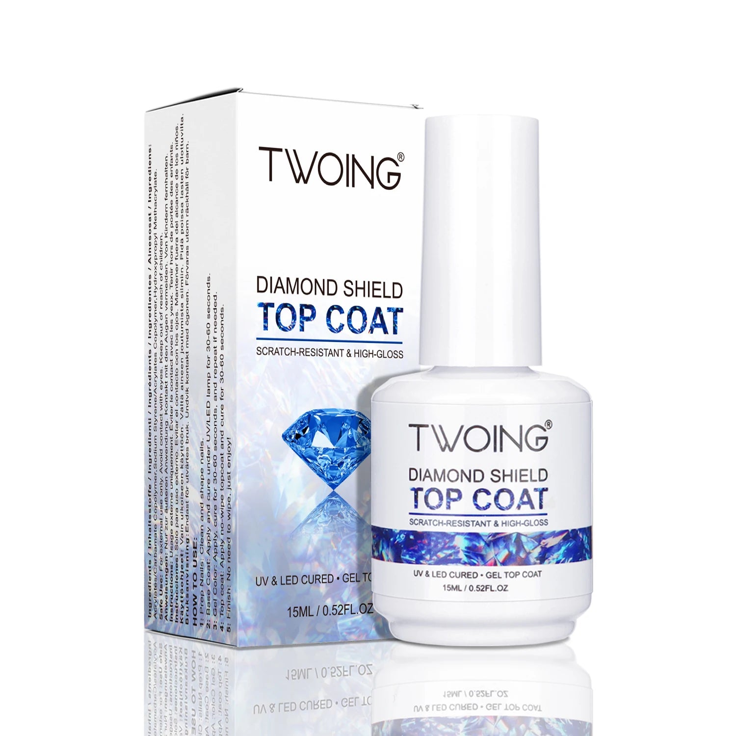 TWOING 15 ml – Nuevo esmalte en gel "Top Coat" Super Shine (acabado diamante); gel sellador sin capa pegajosa (no wipe) para manicura y nail art con calidad de salón.