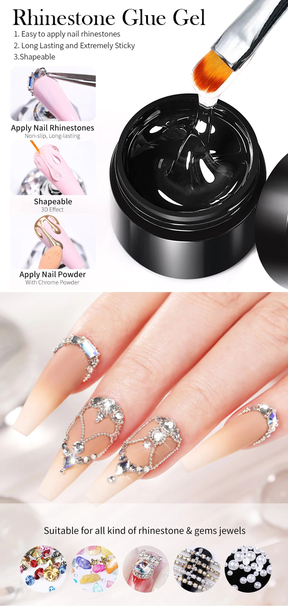 BORN PRETTY - Gel adhesivo transparente UV/LED para pedrería y polvo efecto espejo, incluye pincel delineador para uñas.