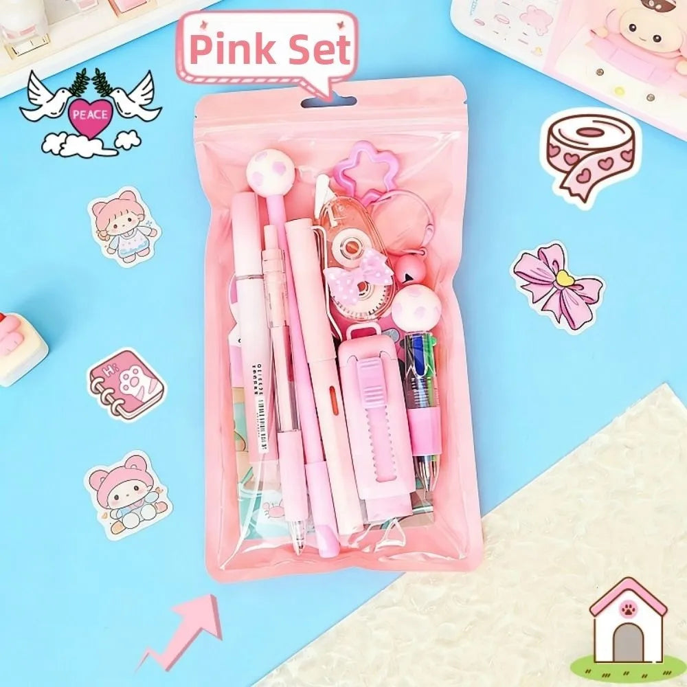 Kit de regalo de papelería escolar con temática de dibujos animados: incluye bolígrafos de 6 colores, notas adhesivas, goma de borrar y estuche de gran capacidad.