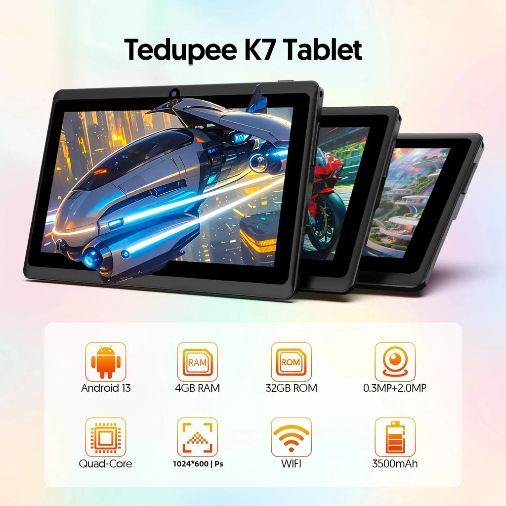 Tableta Android 13 de 7 pulgadas, 4 GB de RAM (2+2), 32 GB de almacenamiento, batería de 3500 mAh, pantalla IPS HD de 1024x600, cámaras duales, WiFi, Bluetooth