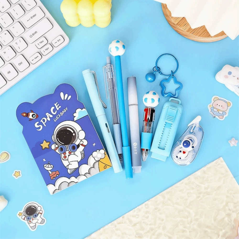 Kit de regalo de papelería escolar con temática de dibujos animados: incluye bolígrafos de 6 colores, notas adhesivas, goma de borrar y estuche de gran capacidad.
