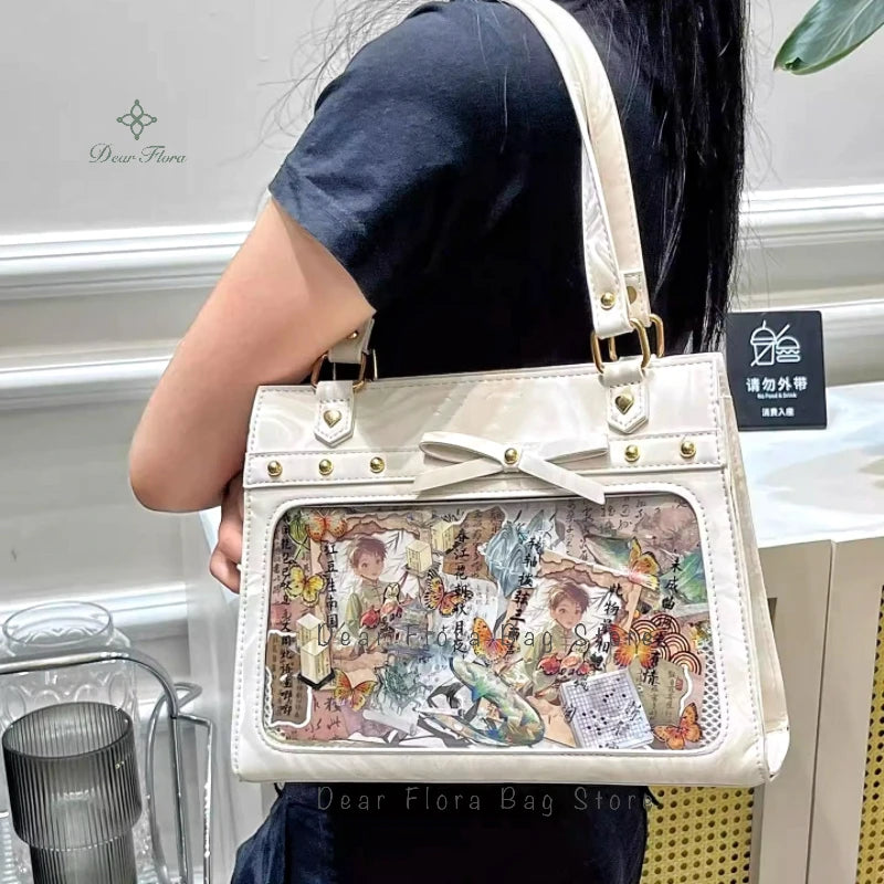 Bolso de hombro vintage estilo Y2K para mujer, tipo Ita Bag con bolsillo transparente, con lazo.