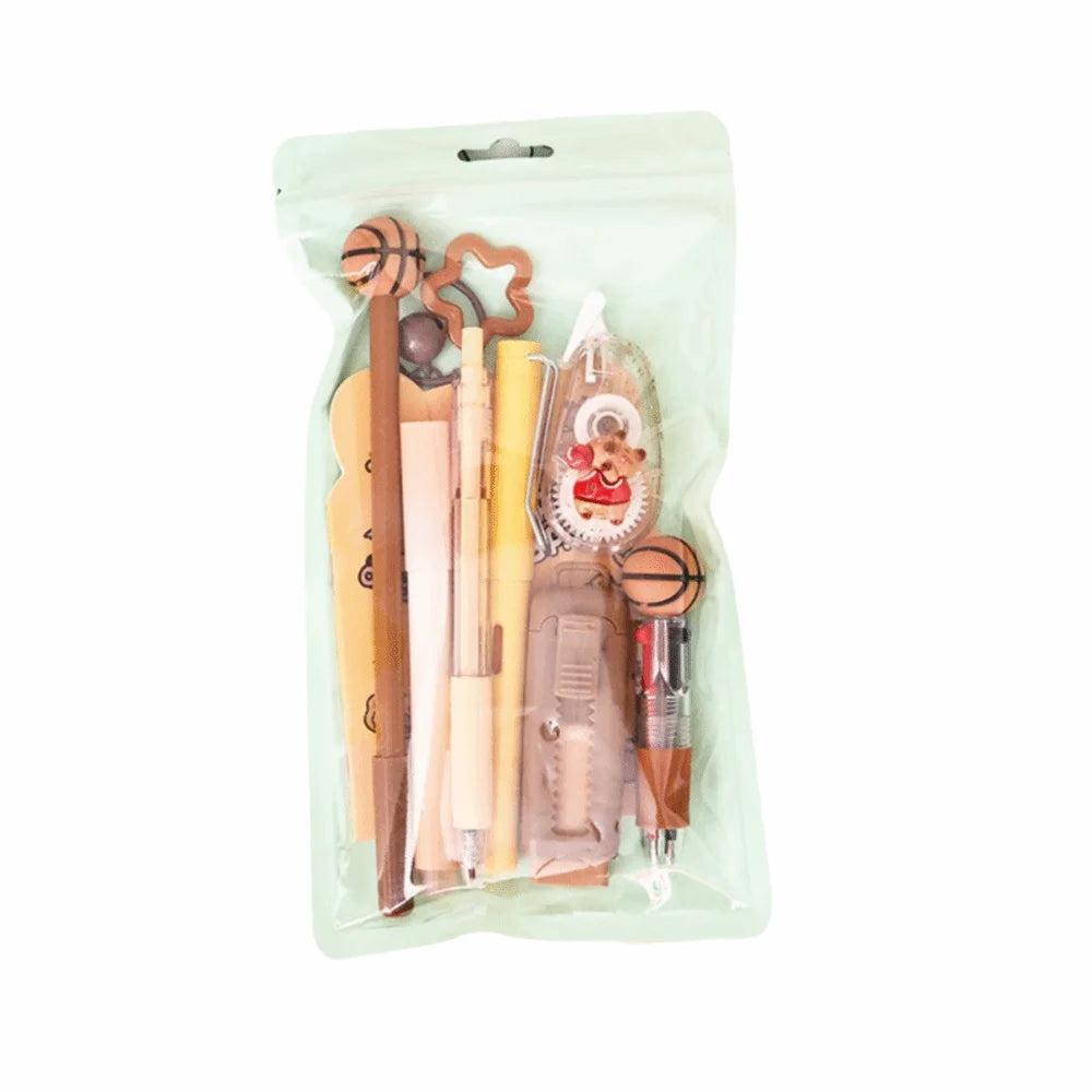 Kit de regalo de papelería escolar con temática de dibujos animados: incluye bolígrafos de 6 colores, notas adhesivas, goma de borrar y estuche de gran capacidad.