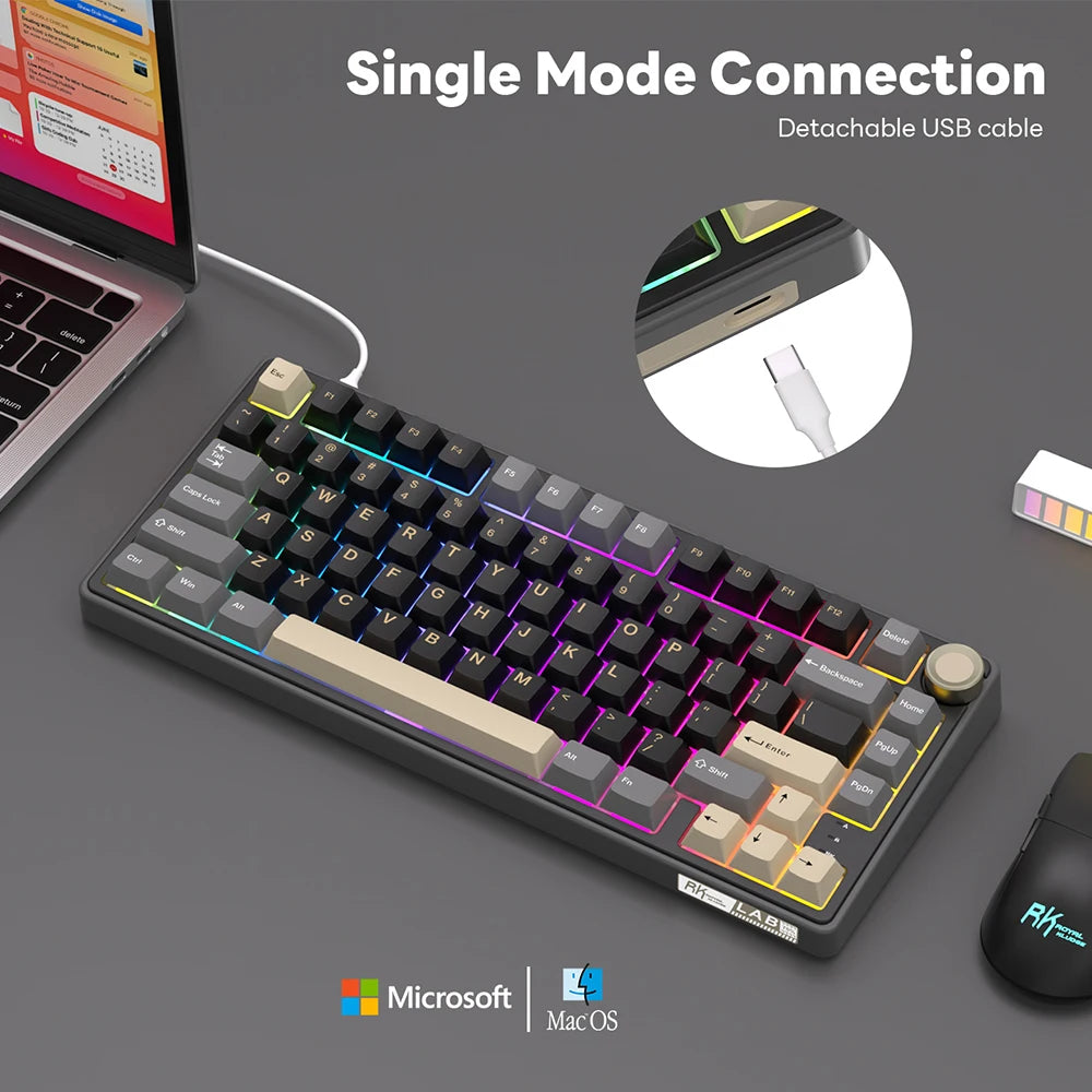 Teclado mecánico RK Royal Kludge R75 (distribución en español) con montaje tipo gasket, formato 80%, retroiluminación RGB, teclas PBT, interruptores intercambiables en caliente (hot-swappable) y rueda de control metálica.