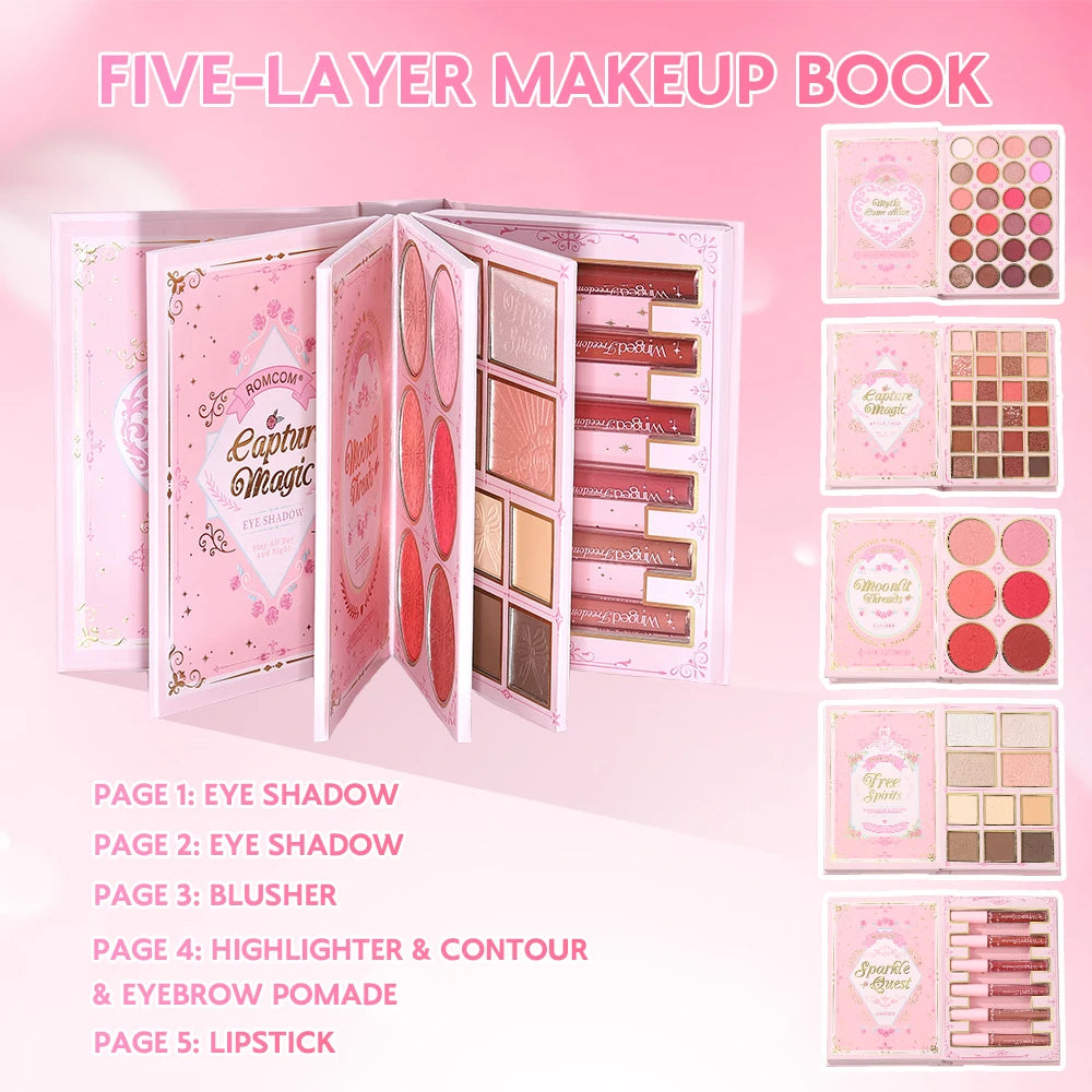 Paleta de maquillaje tipo libro «todo en uno» de 5 niveles: kit completo con 48 sombras de ojos, 6 coloretes, productos para contorno, iluminador y pomada para cejas, además de 6 labiales.