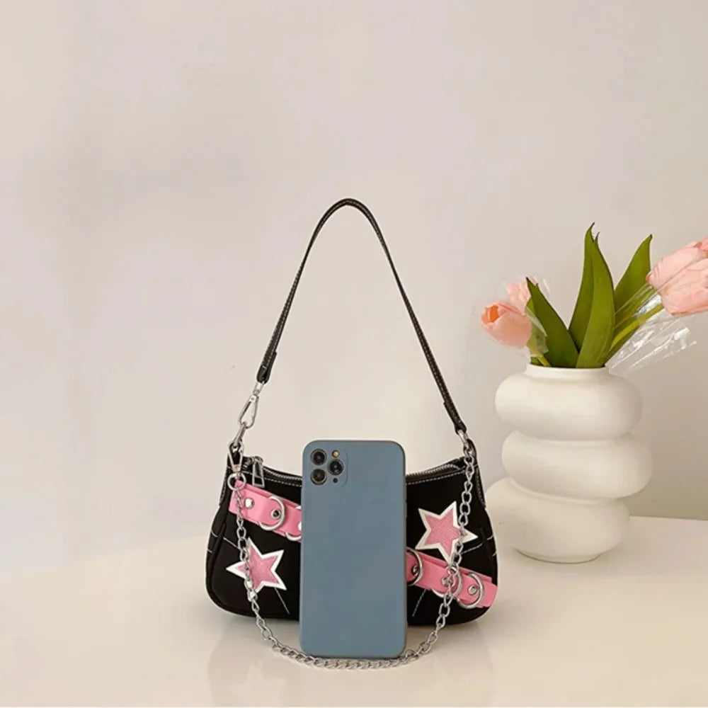 Bolso de hombro estilo Y2K : diseño de mezclilla con estampado de estrellas, estilo juvenil y moderno, de lona y tamaño pequeño, con cadena.