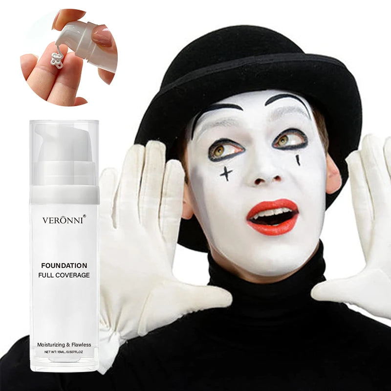 Base de maquillaje profesional blanca mate de alta cobertura; fórmula pura y luminosa ideal para cosplay y maquillaje gótico.