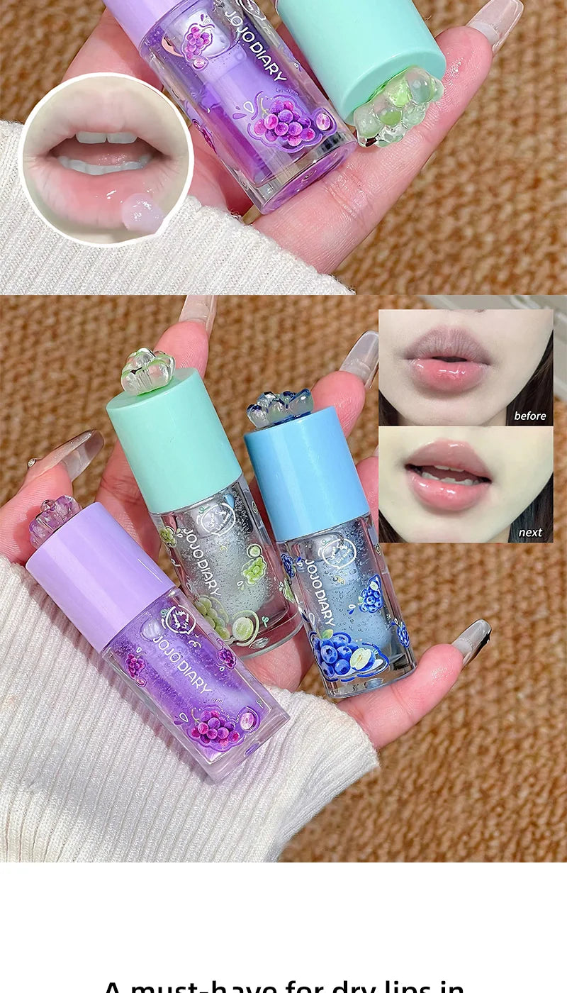 Aceite labial con sabor a frutas Jojo Diary: hidrata y humecta, previene los labios agrietados y reduce las arrugas; ideal para el cuidado de los labios en invierno; brillo labial estilo coreano con acabado acuoso.