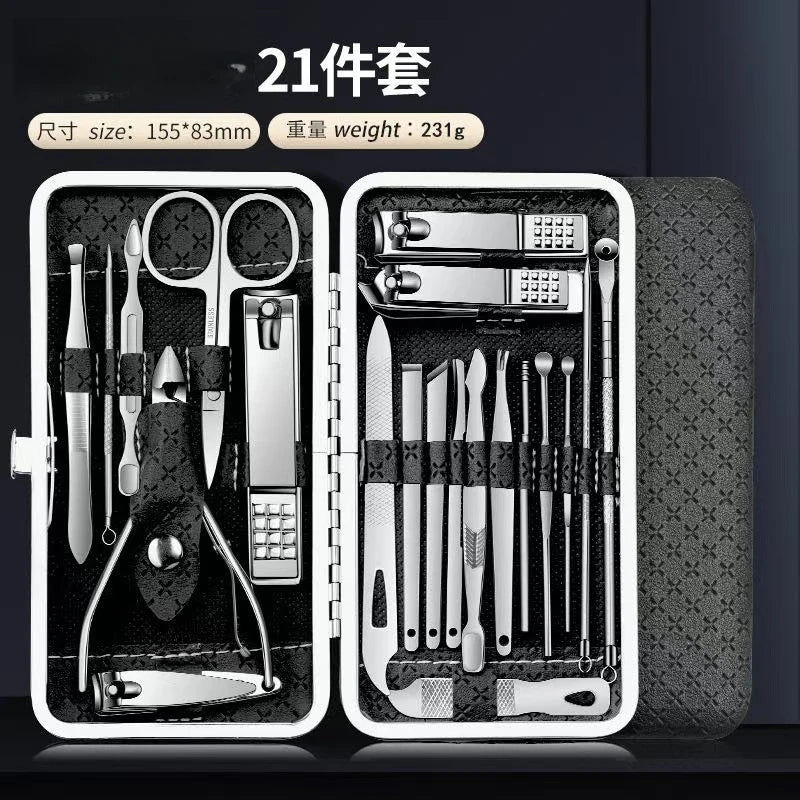 Juego de 19 piezas de acero inoxidable: cortaúñas, cortaúñas diagonales, herramientas para pedicura, limpiadores de oídos, cucharillas y kit de decoración de uñas.