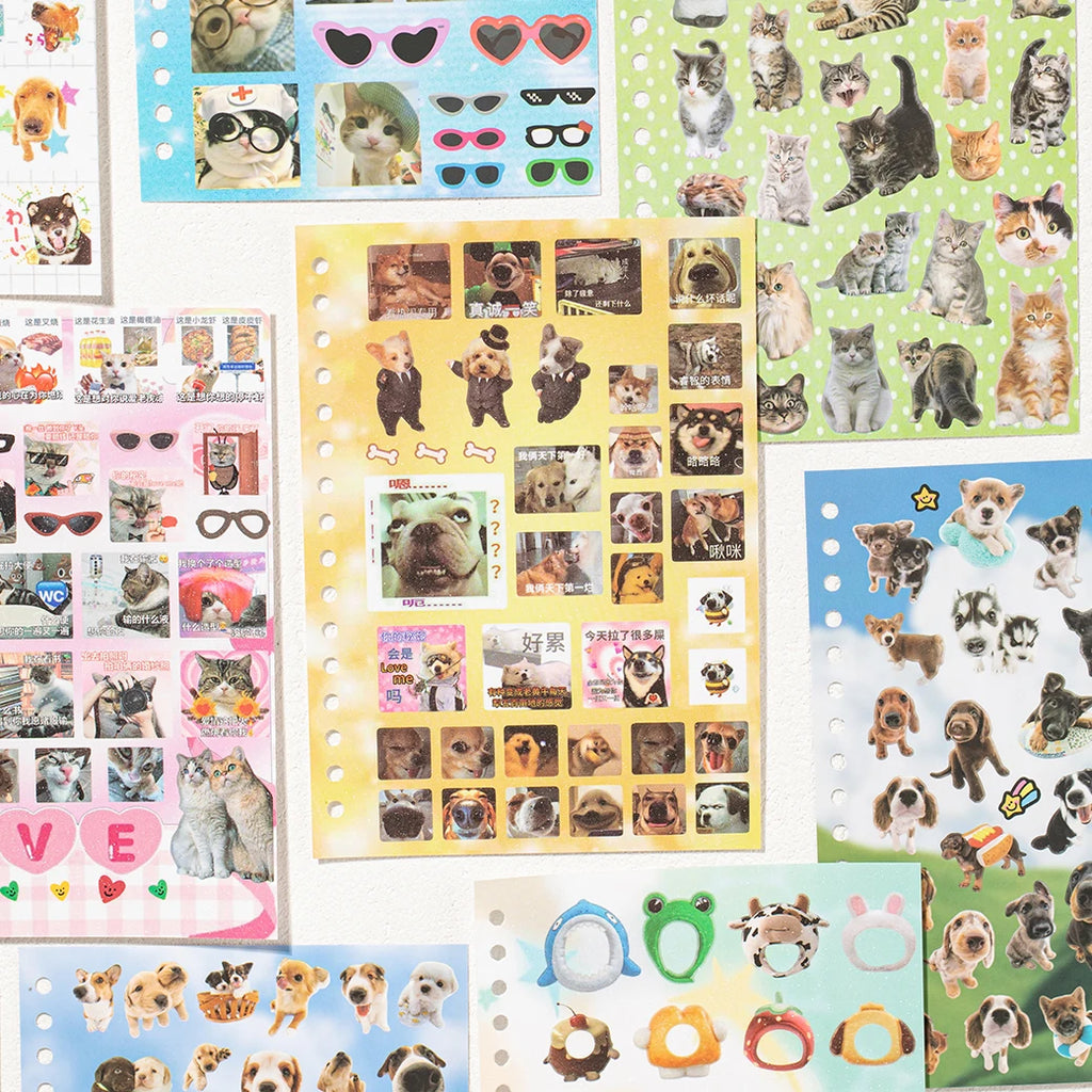 Libro de pegatinas con temática de mascotas adorables (30 hojas/bolsa) con encuadernación de anillas; ideal para scrapbooking, manualidades, collages y decoración de fondos.