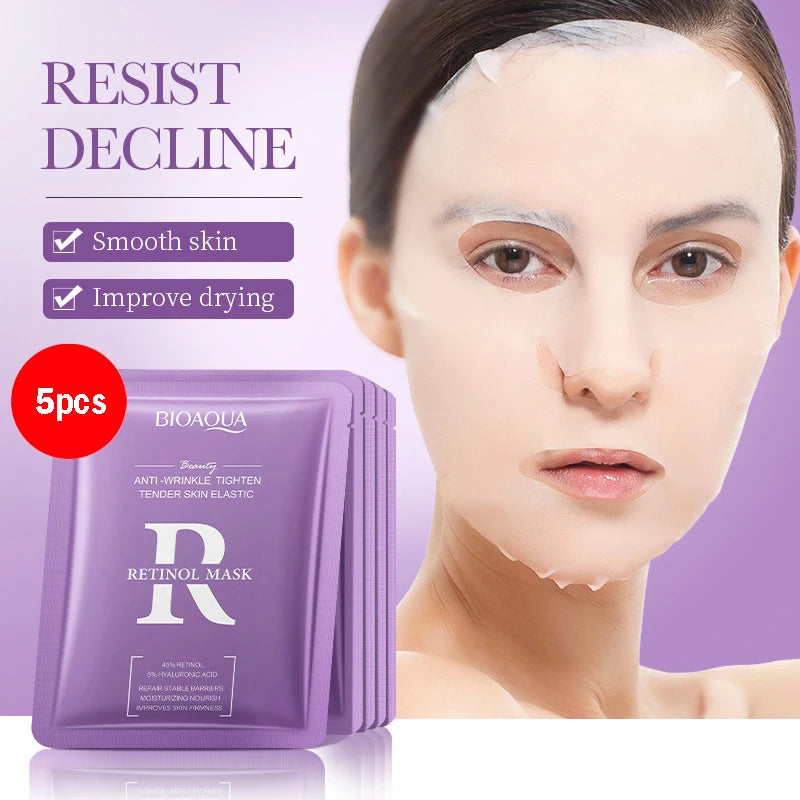 Pack de 5/10 mascarillas faciales BIOAQUA con baba de caracol, ácido hialurónico y retinol; hidratantes y reafirmantes para el cuidado de la piel del rostro.