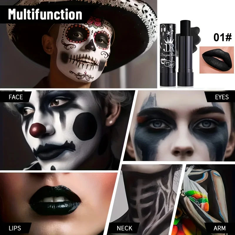 Set de maquillaje de Halloween con base líquida blanca y labial negro; apto para adultos, acabado mate y de larga duración para todo tipo de piel.